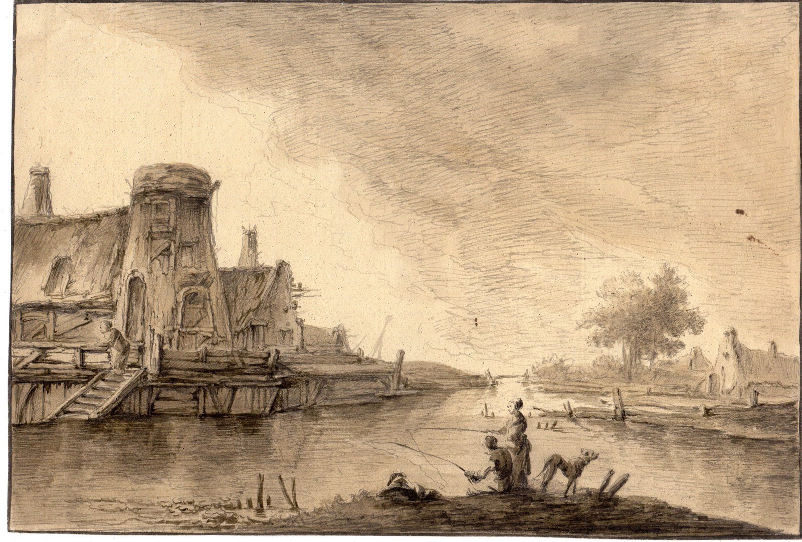 RB 4099 416x281 Antique Drawing-RIVER LANDSCAPE-FISHING WOMEN-DOG-OLD MILL-Anonymous-18th.c.