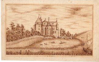 Antique Drawing-LANDSCAPE-CASTLE-HILLS-RIVER-SAILING BOAT-SHEEP-MEADOW-Nys-1850