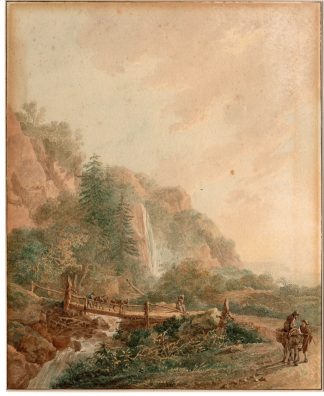 Antique Drawing-LANDSCAPE-MOUNTAINS-TRAVELERS-HORSEBACK-WATERFALL-Anonymous-1825