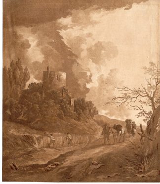 Antique Print-LANDSCAPE-MULE-MEN-HARVESTING-GRAIN-RUIN-CASTLE-Tielker-1800