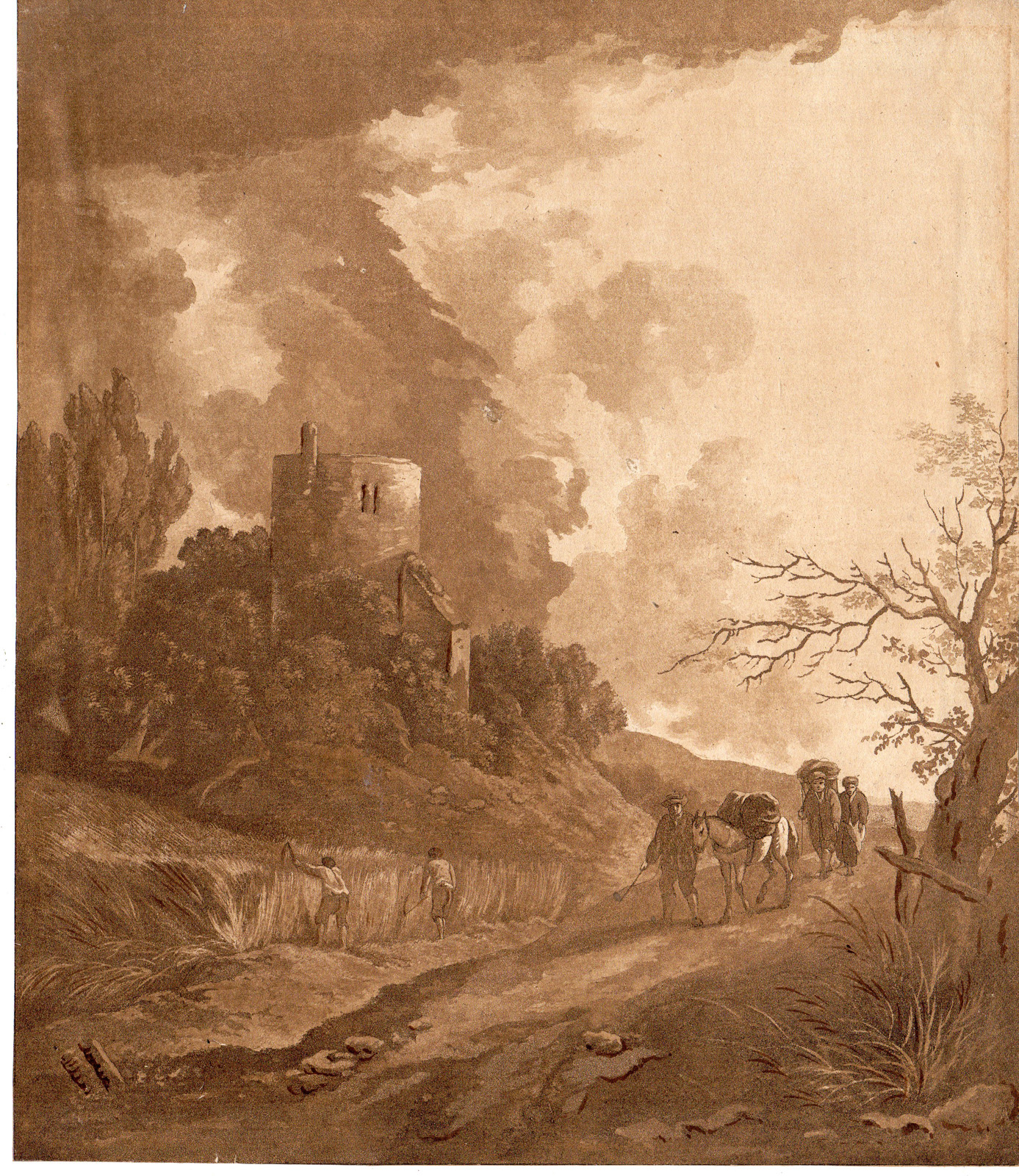 RB 4117 416x480 Antique Print-LANDSCAPE-MULE-MEN-HARVESTING-GRAIN-RUIN-CASTLE-Tielker-1800
