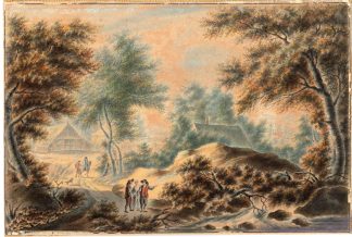 Antique Drawing-LANDSCAPE-RIVER-HORSEBACK-MEN-ROAD-HOUSES-FOREST-Anonymous-1825