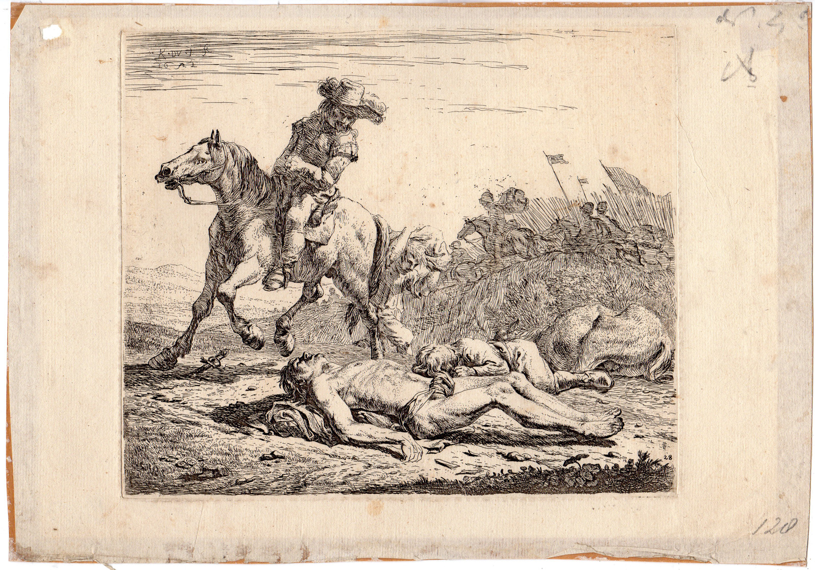 RB 4127 416x291 Antique Master Print-WAR-SOLDIERS-BATTLEFIELD-HORSE-Dujardin-1652