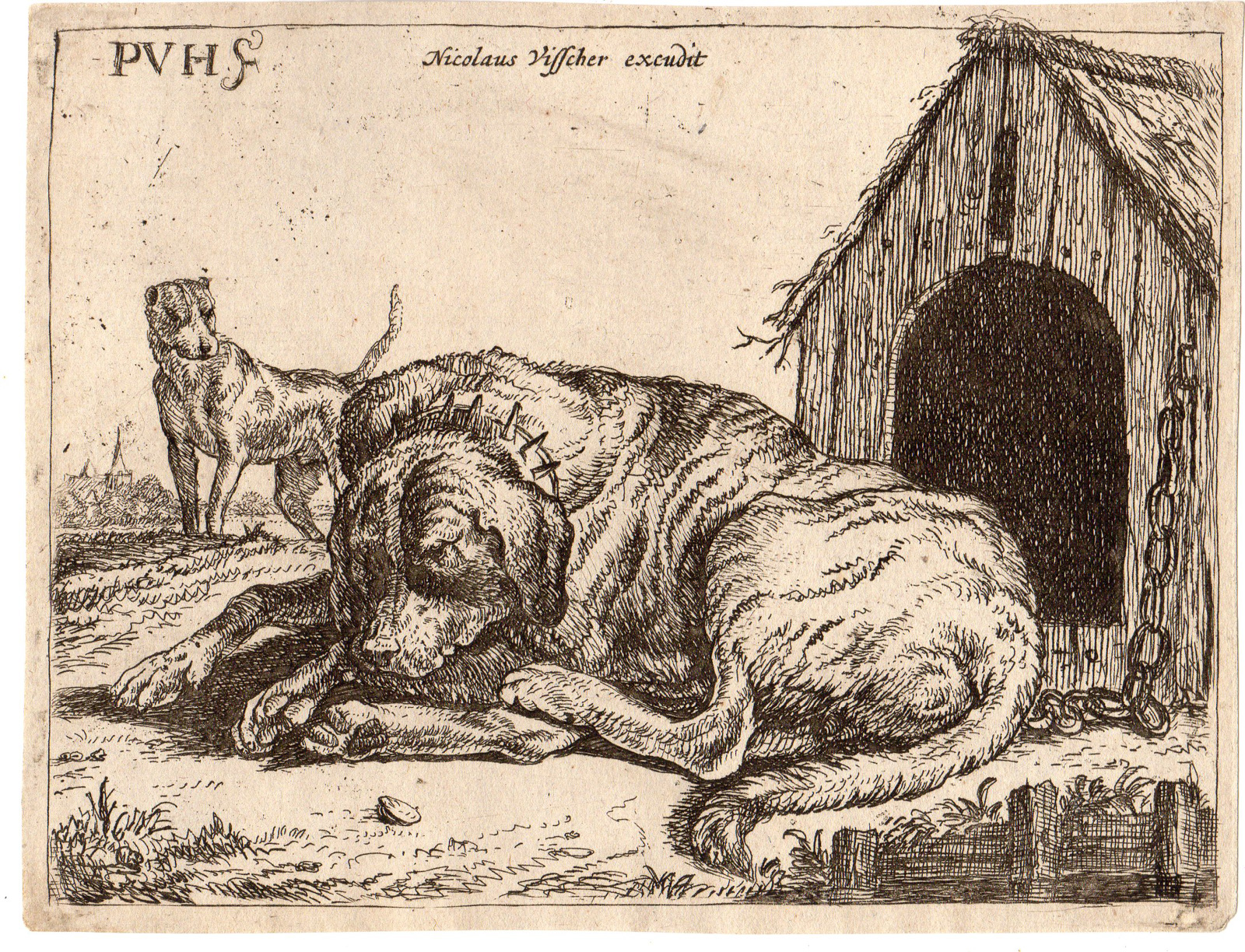 RB 4129 416x318 Antique Master Print-DOG-KENNEL-SLEEPING-CHAINED-Hillegaert-Visscher-1625