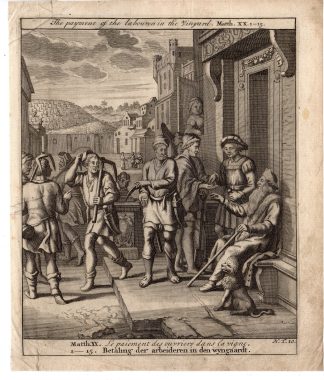 Antique Print-RELIGION-BIBLE-MATTHEUS-PAYMENT-LABOURERS-VINYARD-Scheits-1754