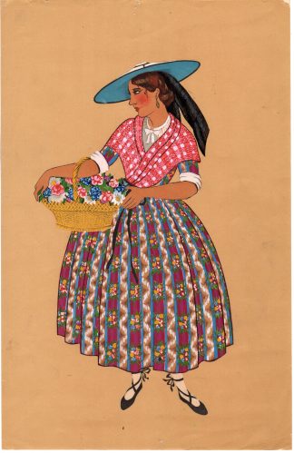 Antique Drawing-FRENCH-TRADITIONAL COSTUME-WOMAN-HAT-Gardilanne-Moffat.-1929