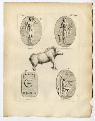 Antique Print-GREEK ARTEFACT-APOLLO-LYRE-WILD BOAR-FLUTE-Caylus-1767