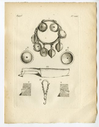 Antique Print-ROMAN ARTEFACT-CROTALES-BRONZE KNIFE-CHAIN-DECORATION-Caylus-1767