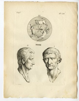 Antique Print-ROMAN ARTEFACT-BRONZE HEAD-MEDALLION-LION-BULL-RAM-Caylus-1767