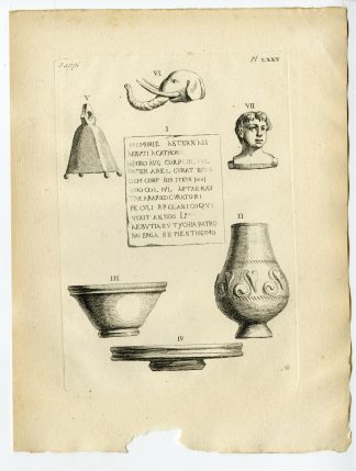 Antique Print-GAULISH ARTEFACT-ELEPHANT-LAMP-BELL-TERRACOTTA VASE-Caylus-1767