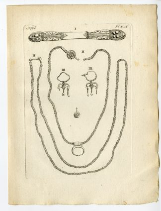 Antique Print-GAULISH ARTEFACT-JEWELLERY-BRACELET-EARRINGS-NECKLACE-Caylus-1767
