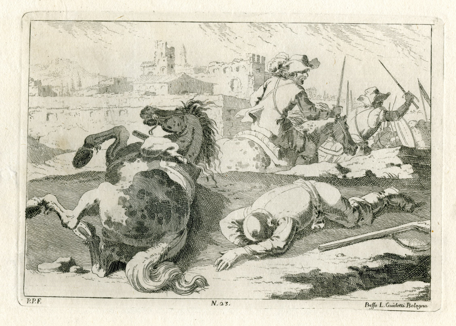 Pictura 07844 416x297 Antique Master Print-BATTLE-DEAD-SOLDIER-HORSE-PLATE-23-Palmieri-Calza-1760 - Image 2
